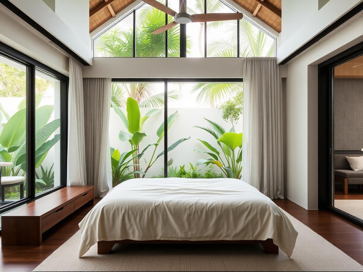 Calm villa bedroom opening onto tropical greenery